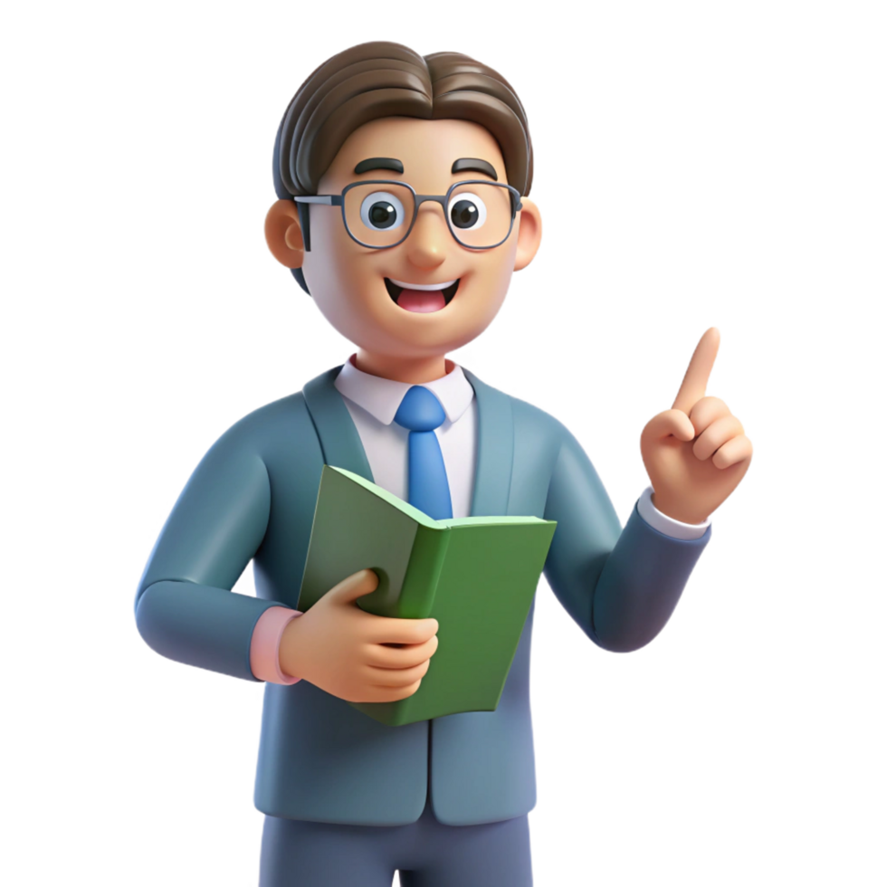 elegant classic Teacher, pointing to book, engaging expression, premium png