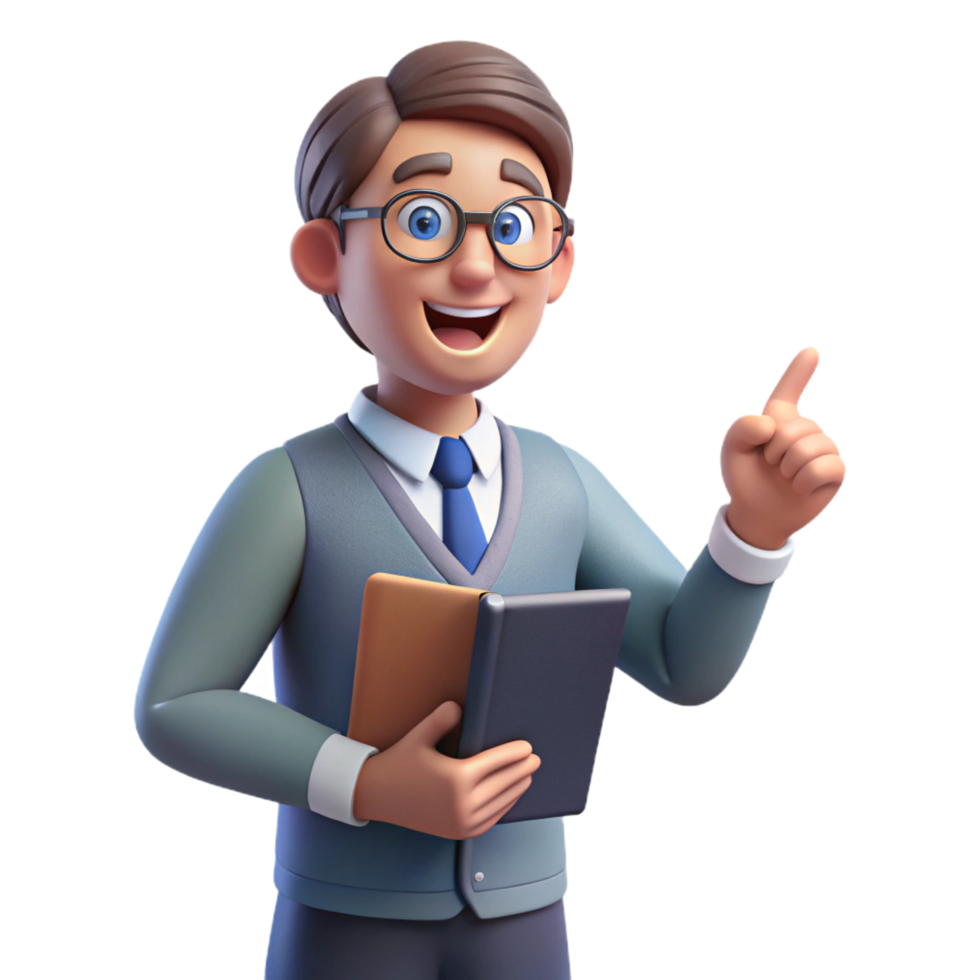 magnificent creative Teacher, pointing to book, engaging expression, detailed png