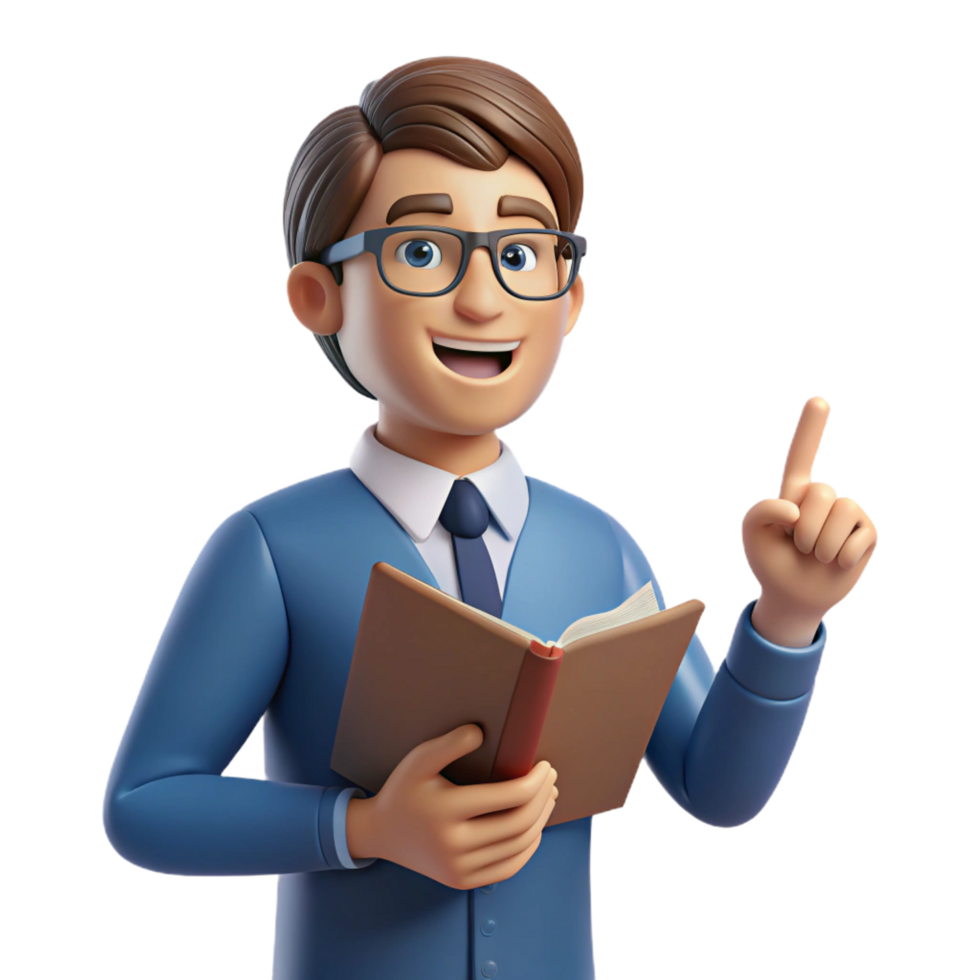 impressive traditional Teacher, pointing to book, engaging expression, high resolution png