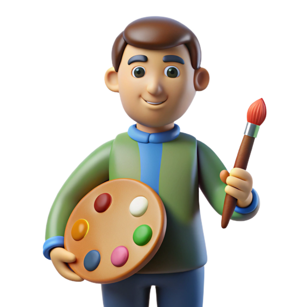 impressive rustic Artist, palette and brush, focused gaze, exclusive png