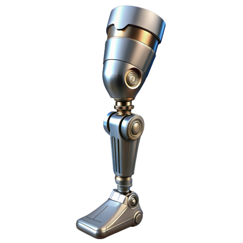 serene traditional Cyberpunk prosthetic leg with chrome plating and hydraulic pistons premium png