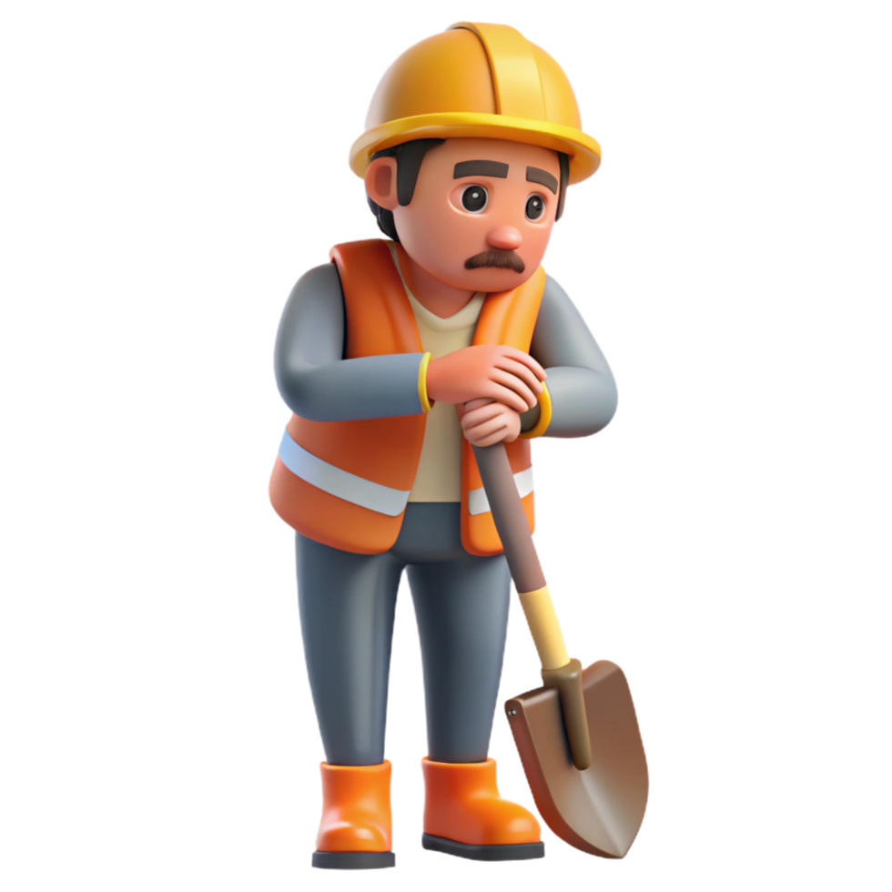 dramatic abstract Tired construction worker leaning on a shovel, 4K png