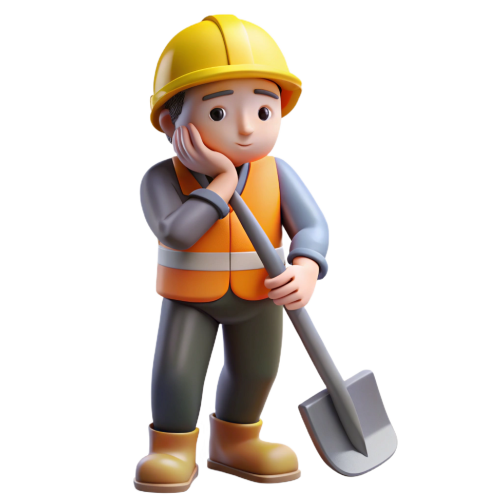 impressive contemporary Tired construction worker leaning on a shovel, high quality png