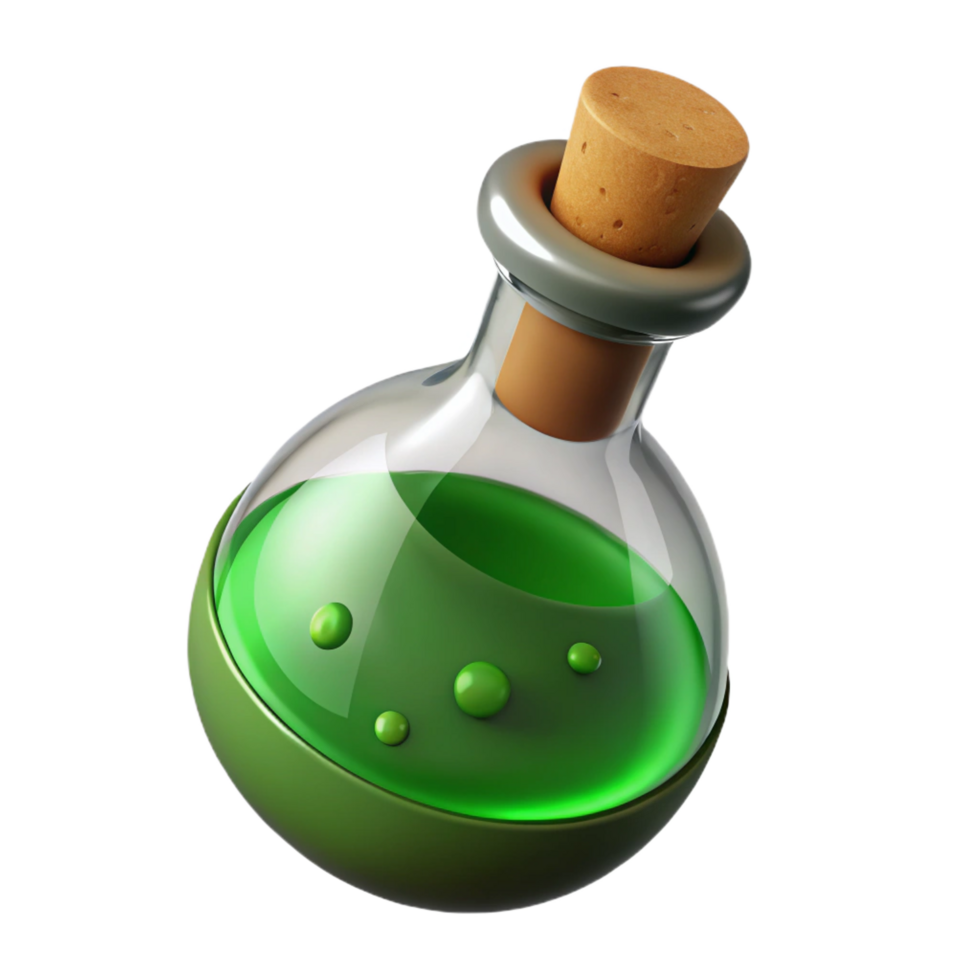 serene artistic Single potion bottle, bubbling green liquid, cork stopper detailed png