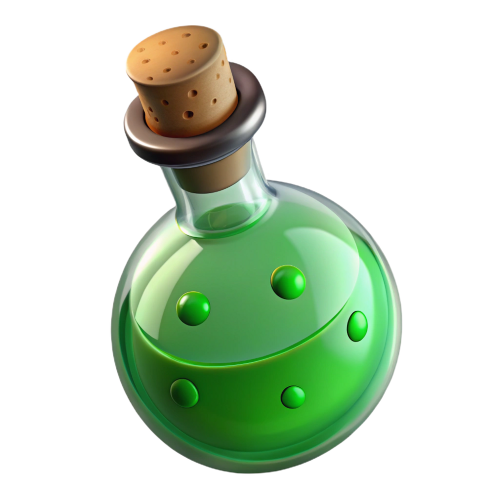 magnificent rustic Single potion bottle, bubbling green liquid, cork stopper high quality png