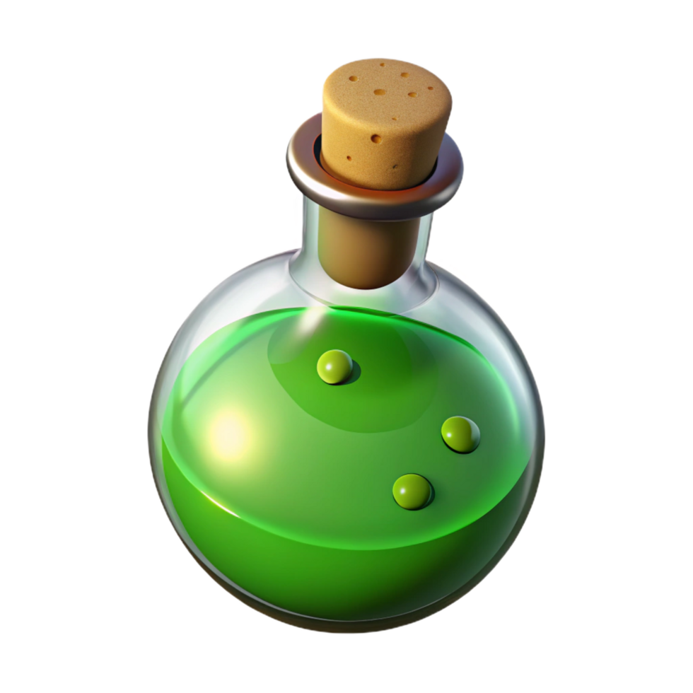 vibrant classic Single potion bottle, bubbling green liquid, cork stopper high quality png