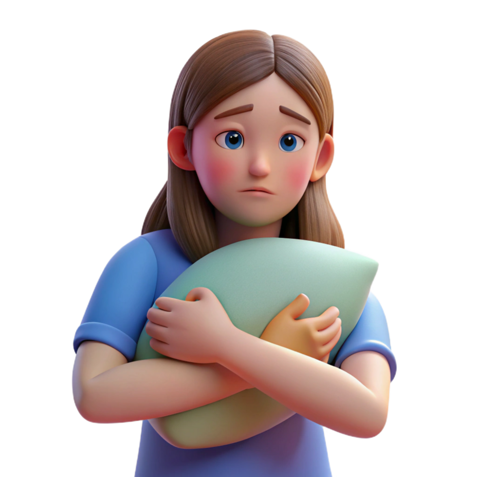 impressive vintage Sad teenage girl hugging a pillow, high resolution png