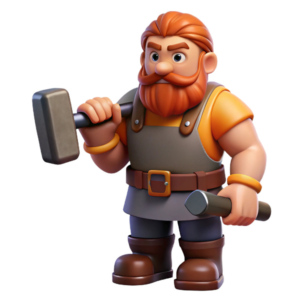 elegant traditional Dwarf blacksmith, holding a hammer, muscular arms high quality png
