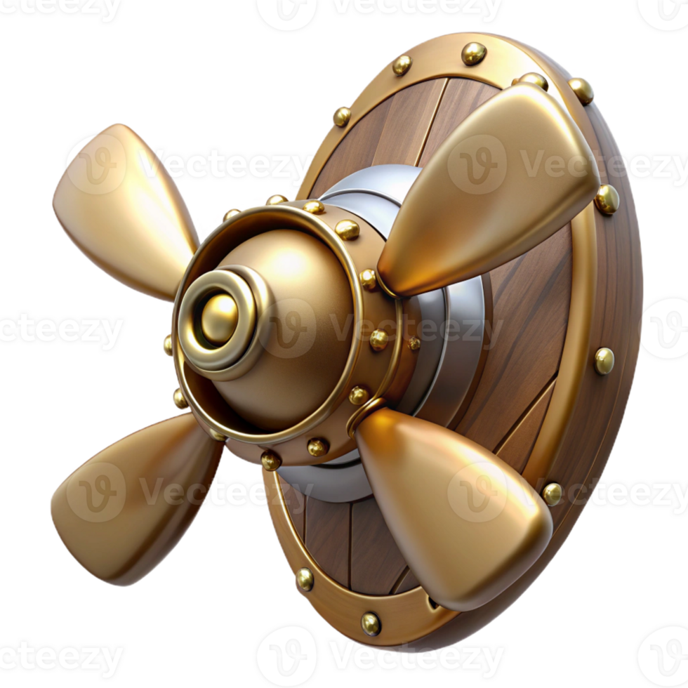 dramatic traditional Steampunk airship propeller made of polished wood and brass exclusive png