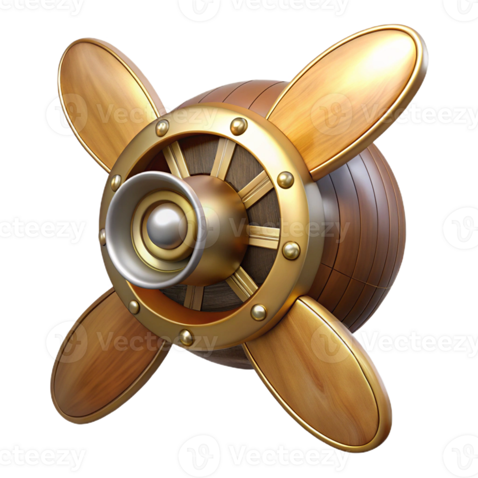 impressive classic Steampunk airship propeller made of polished wood and brass 4K png