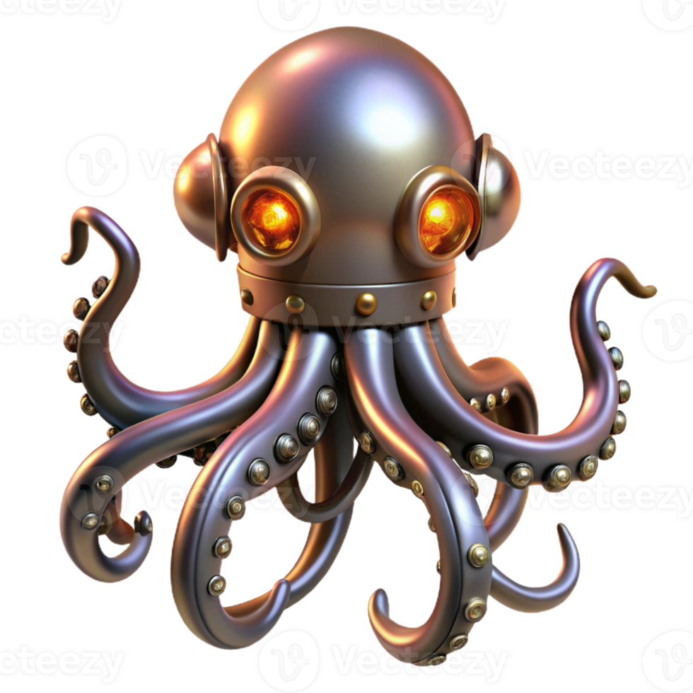 extraordinary modern Steampunk octopus with metal tentacles and glowing suckers premium png