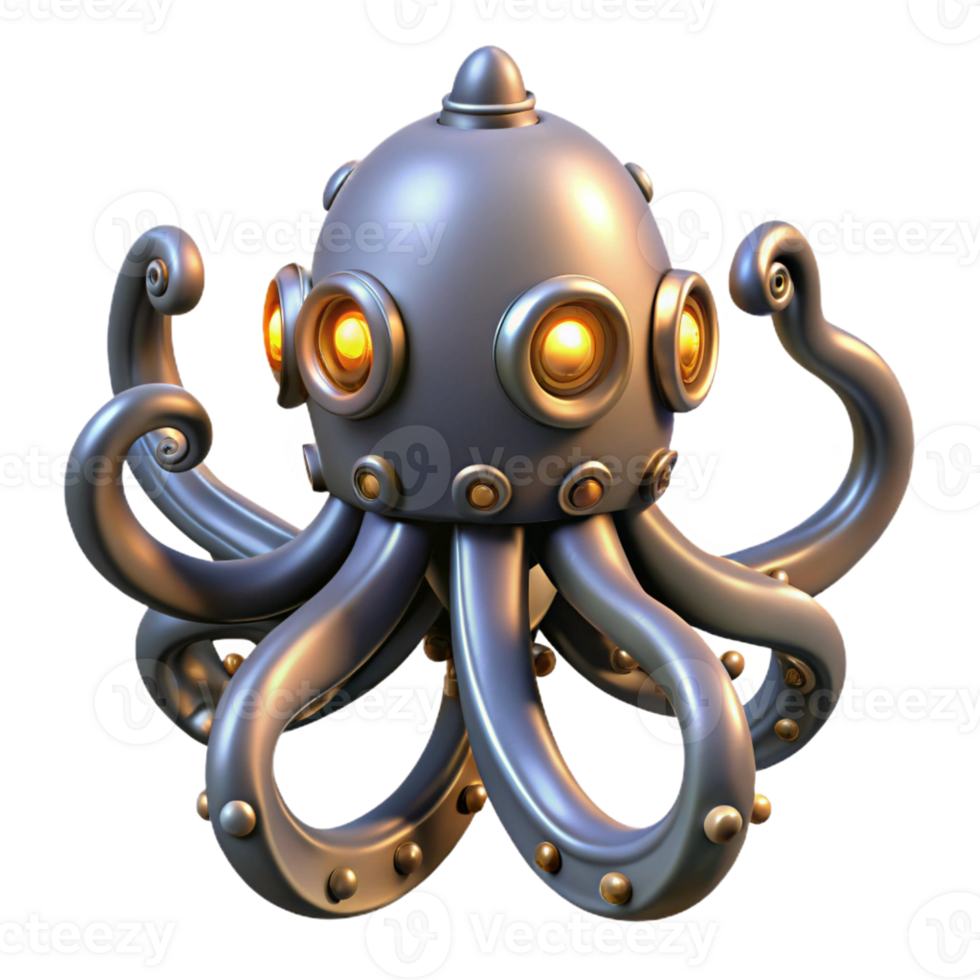 impressive modern Steampunk octopus with metal tentacles and glowing suckers authentic png