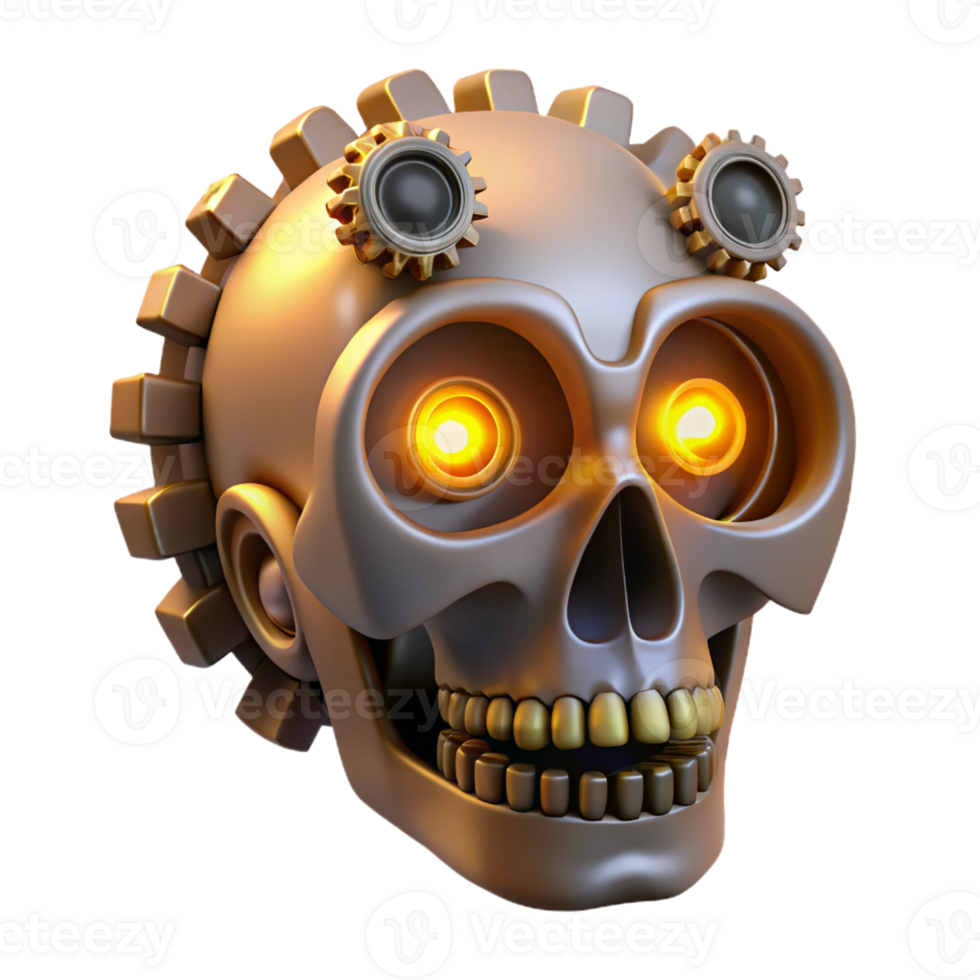 stunning artistic Steampunk skull with gears, pipes, and glowing eyes exclusive png