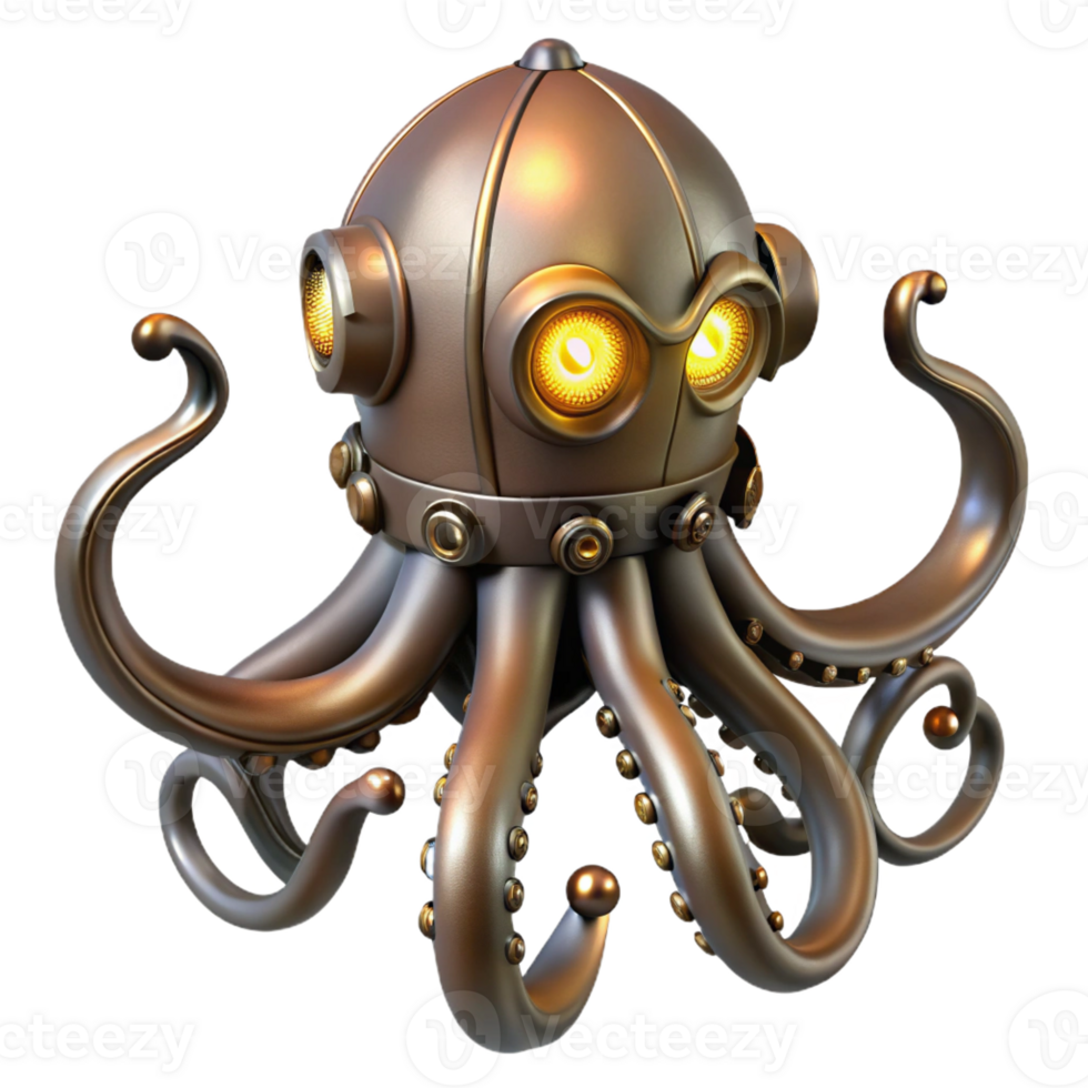wonderful creative Steampunk octopus with metal tentacles and glowing suckers detailed png