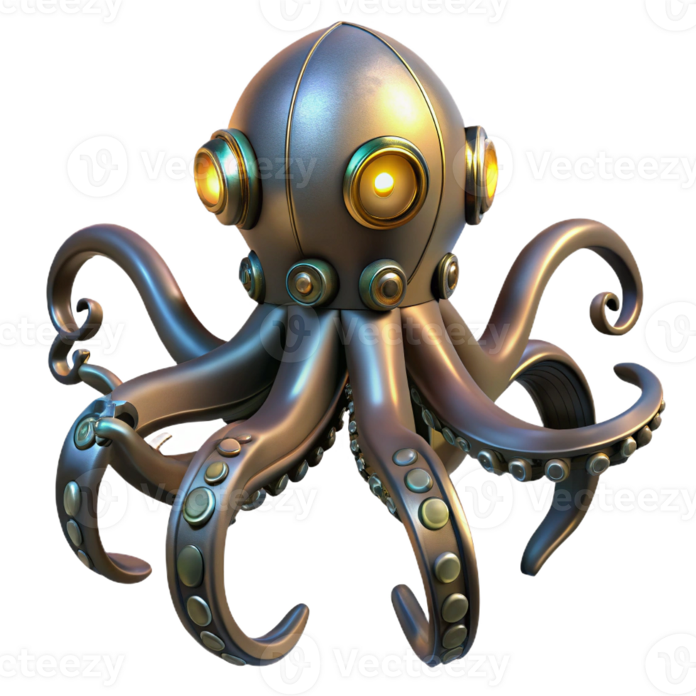 serene rustic Steampunk octopus with metal tentacles and glowing suckers detailed png