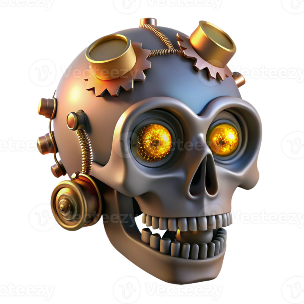 impressive artistic Steampunk skull with gears, pipes, and glowing eyes high resolution png