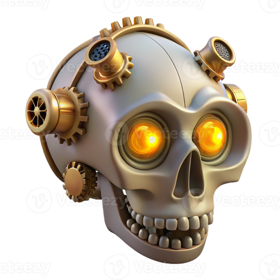 dramatic creative Steampunk skull with gears, pipes, and glowing eyes authentic png