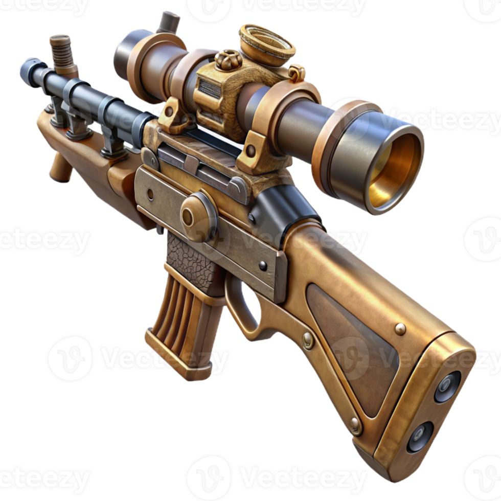 beautiful vintage Steampunk rifle with a scope and intricate wood and metal details premium png