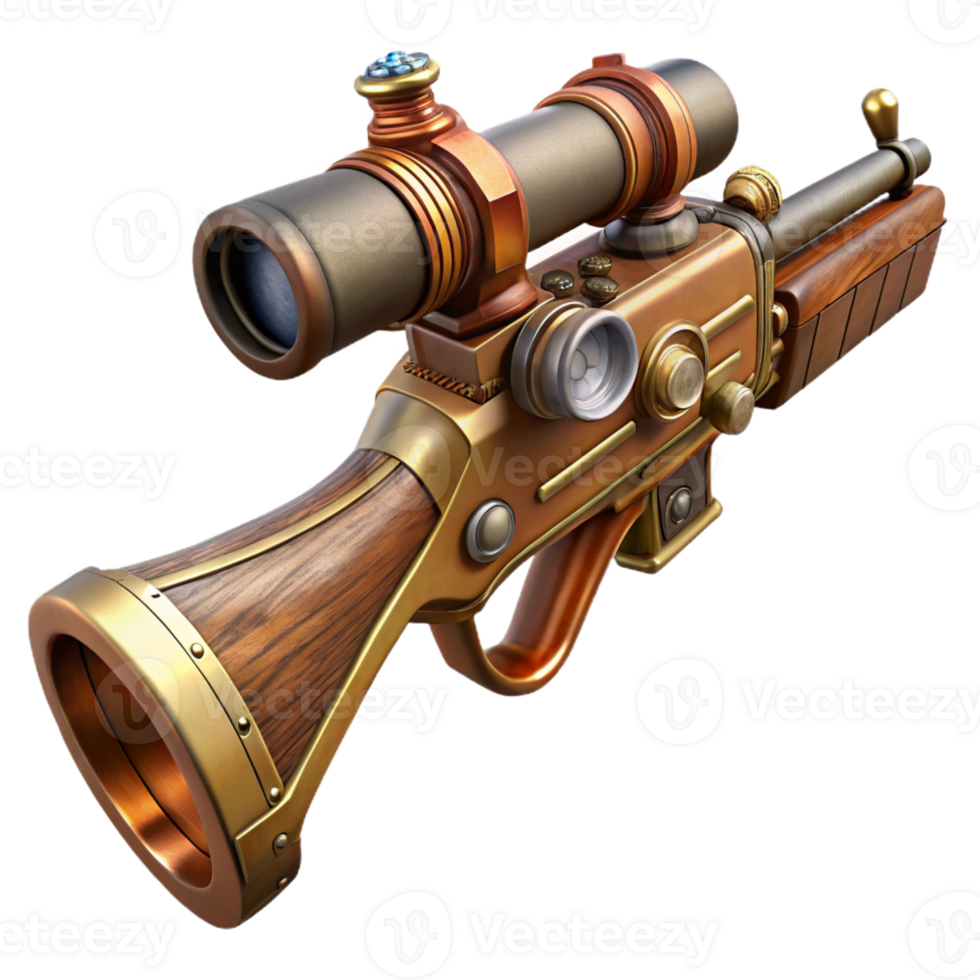 wonderful traditional Steampunk rifle with a scope and intricate wood and metal details detailed png