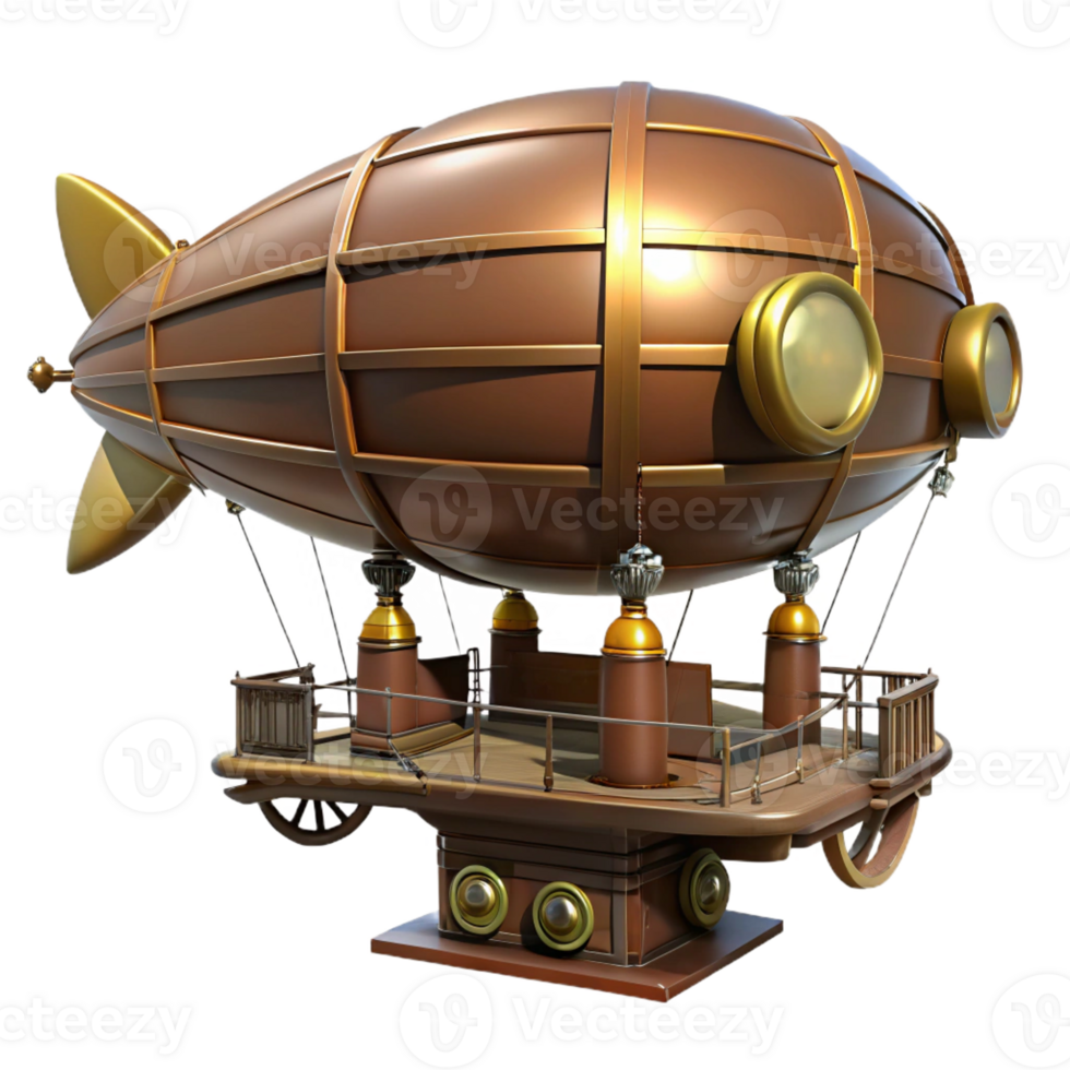 dramatic modern Steampunk dirigible with propellers and a viewing platform high resolution png