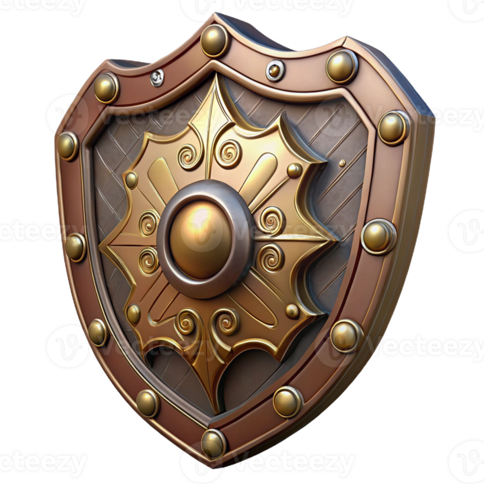 serene traditional Steampunk shield with ornate carvings and metal plating high resolution png
