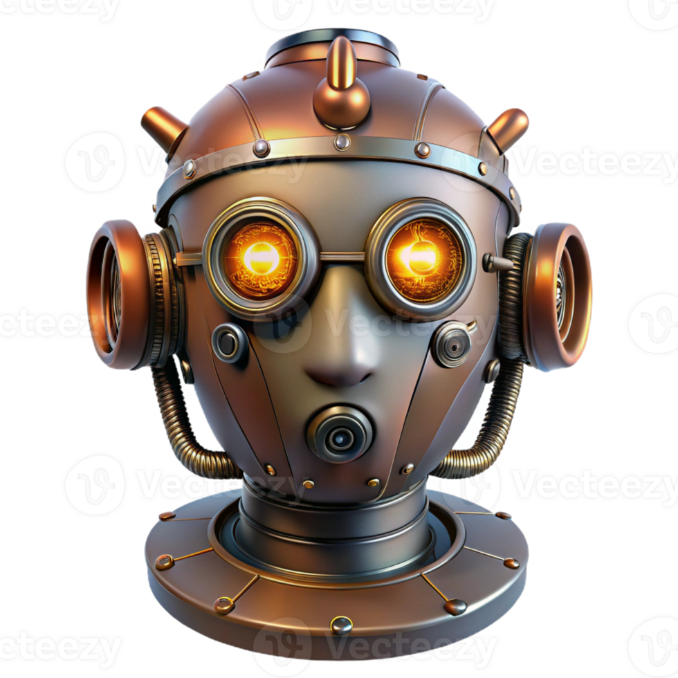 wonderful rustic Steampunk robot head with glowing eyes and intricate wiring professional png