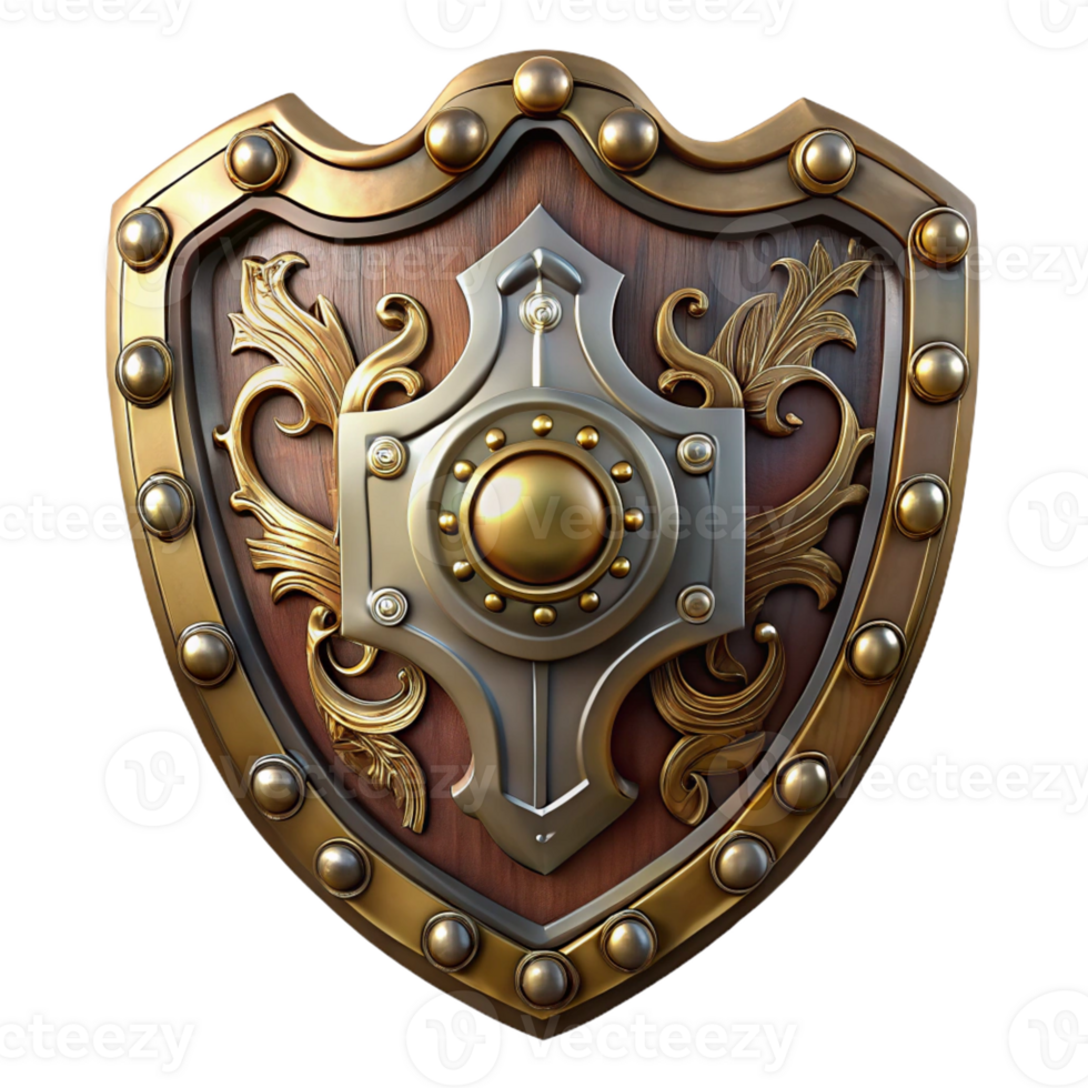 serene modern Steampunk shield with ornate carvings and metal plating exclusive png