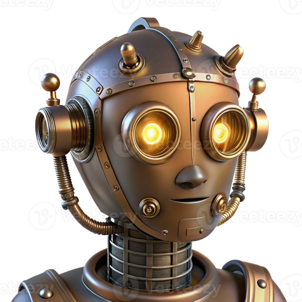 extraordinary creative Steampunk robot head with glowing eyes and intricate wiring detailed png