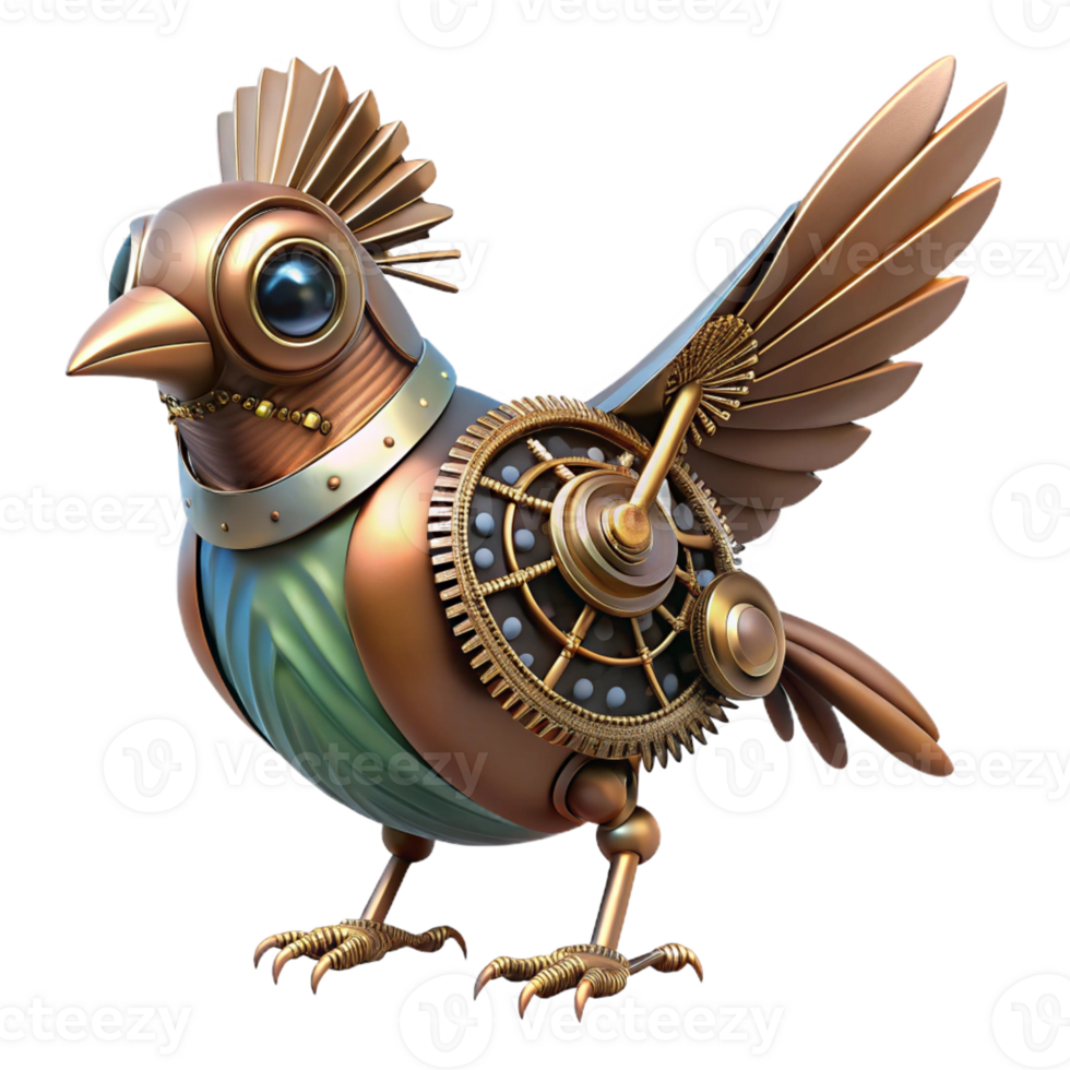 extraordinary creative Steampunk clockwork bird with intricate gears and metal feathers high resolution png
