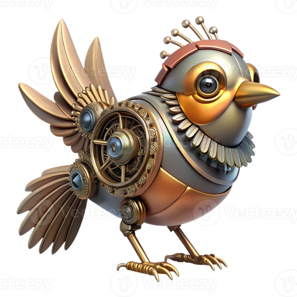 beautiful contemporary Steampunk clockwork bird with intricate gears and metal feathers high resolution png
