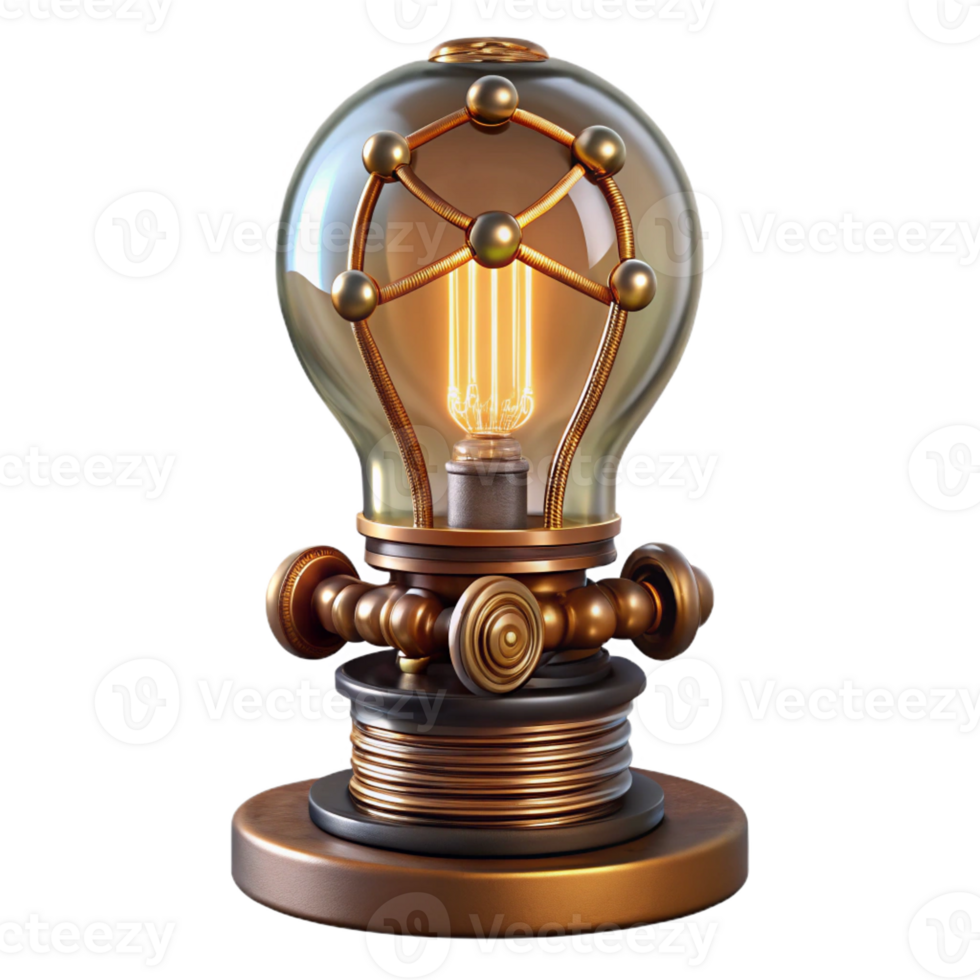 serene abstract Steampunk lightbulb with intricate filaments and a brass base 4K png