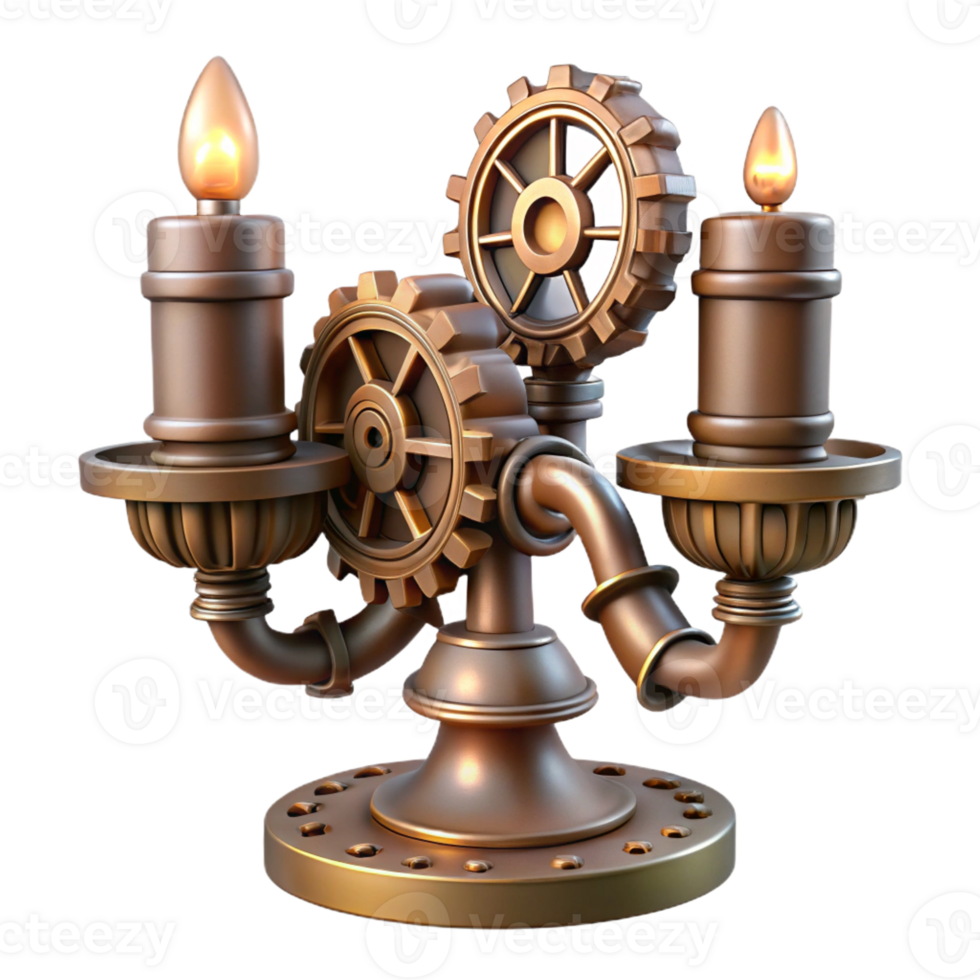 stunning minimalist Steampunk candle holder with gears, pipes, and intricate details high resolution png