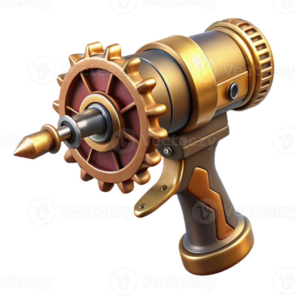 serene minimalist Steampunk drill with a rotating brass bit and a hand crank detailed png