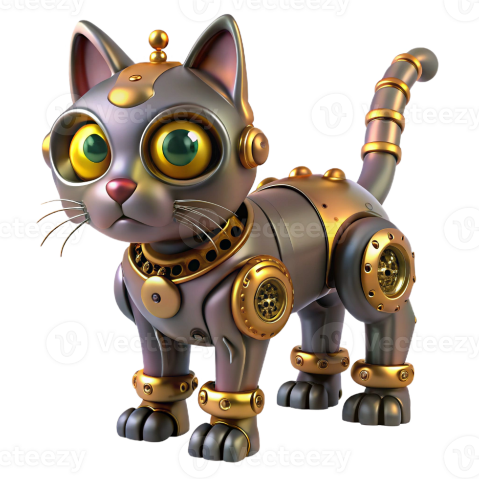 impressive abstract Steampunk robotic cat with intricate gears and glowing eyes high quality png