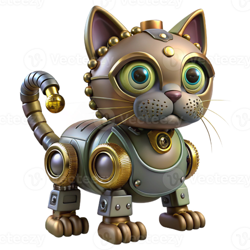 impressive rustic Steampunk robotic cat with intricate gears and glowing eyes 4K png