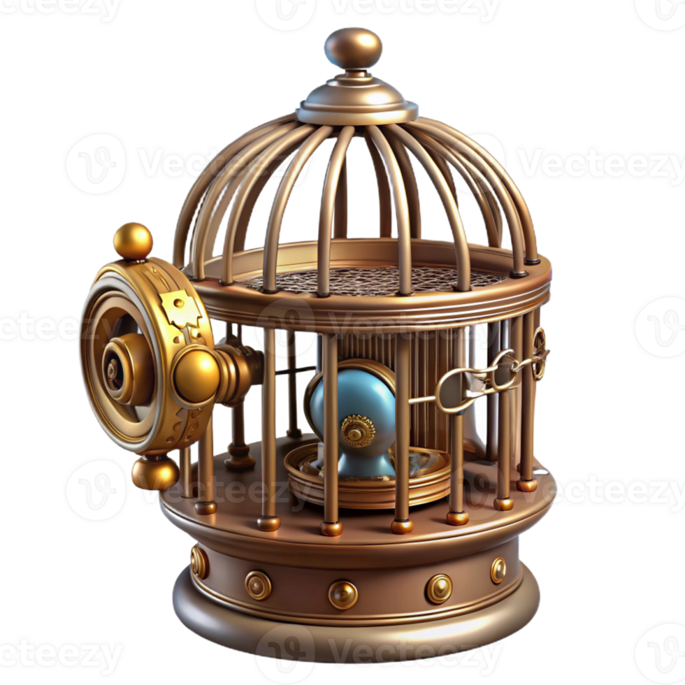 dramatic rustic Steampunk birdcage with intricate brass bars and a clockwork bird high quality png