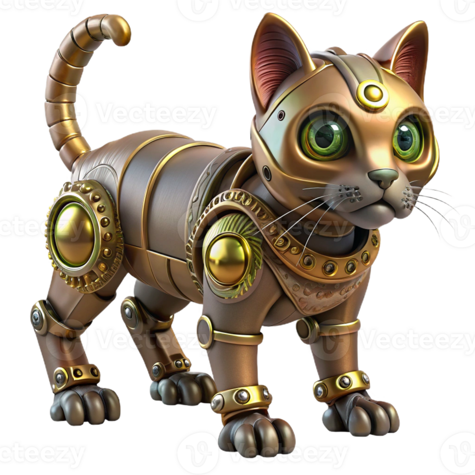 beautiful creative Steampunk robotic cat with intricate gears and glowing eyes original png