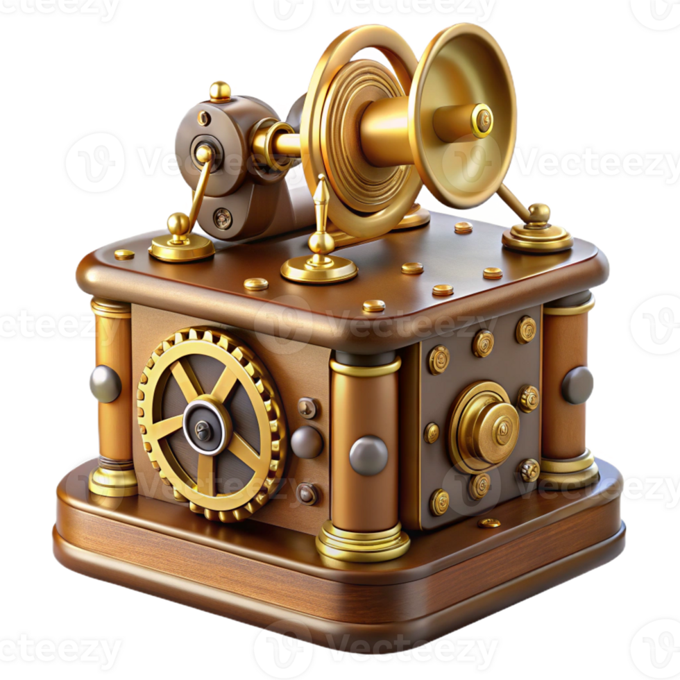 serene artistic Steampunk music box with intricate gears and a tinkling melody high resolution png