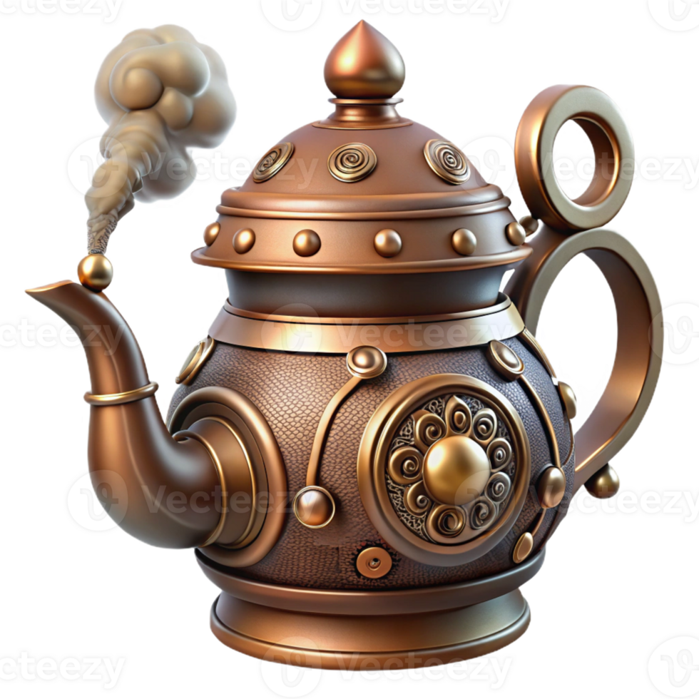 beautiful contemporary Steampunk teapot with intricate carvings and a steam vent professional png