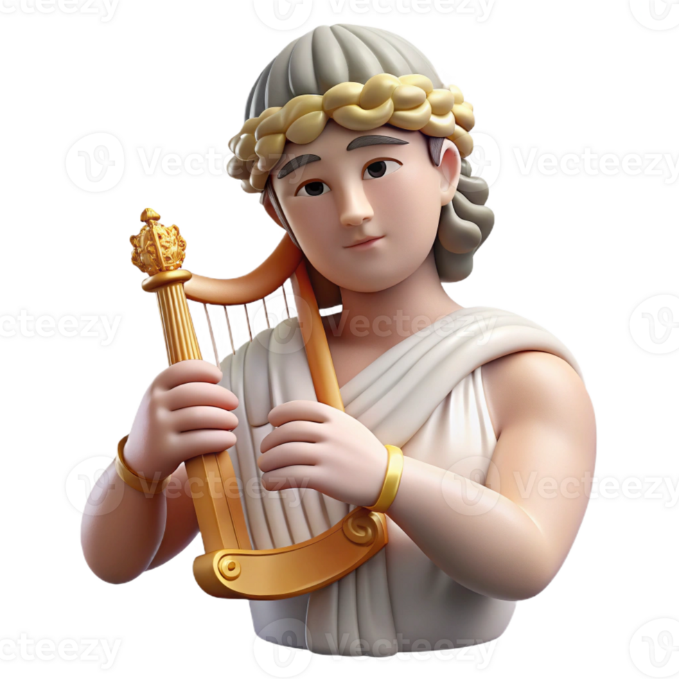 magnificent contemporary Apollo, God of Music and Light, playing lyre, authentic png