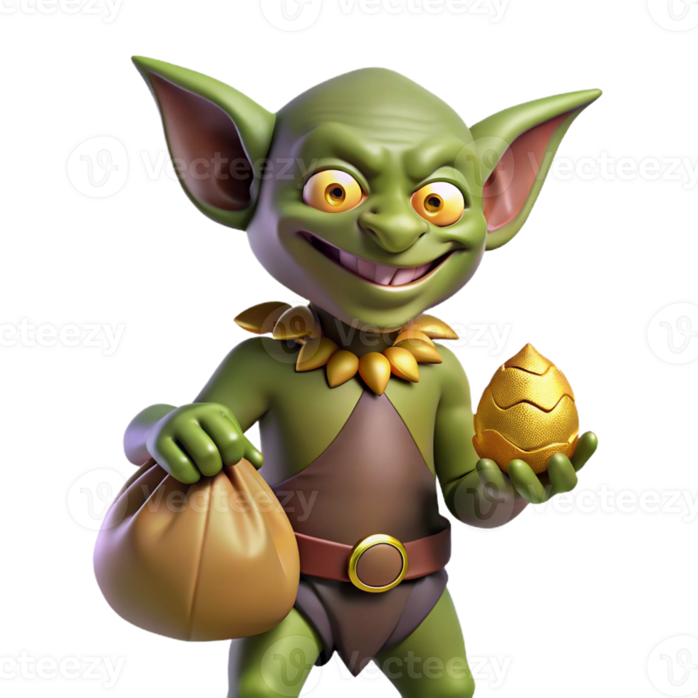 vibrant rustic A mischievous goblin, holding a sack of gold, pointed ears original png