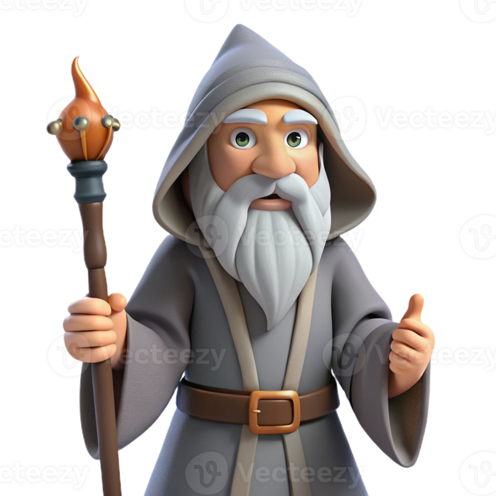 dramatic artistic A wise old wizard, long white beard, holding a staff 4K png