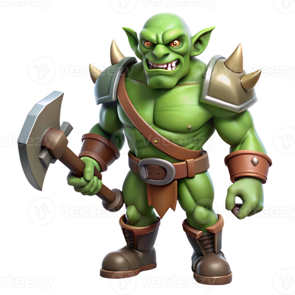 dramatic artistic A powerful orc, holding a battle axe, scarred face authentic png