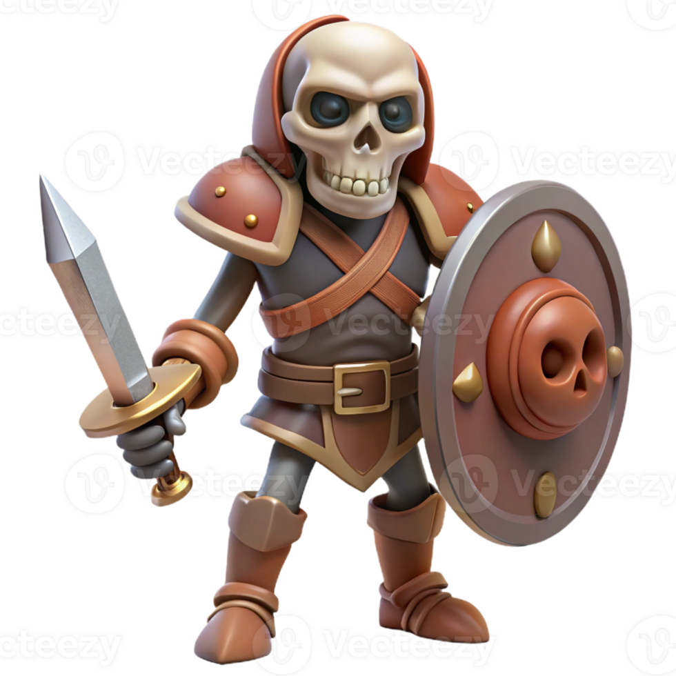 extraordinary modern A skeletal warrior, holding a sword and shield professional png