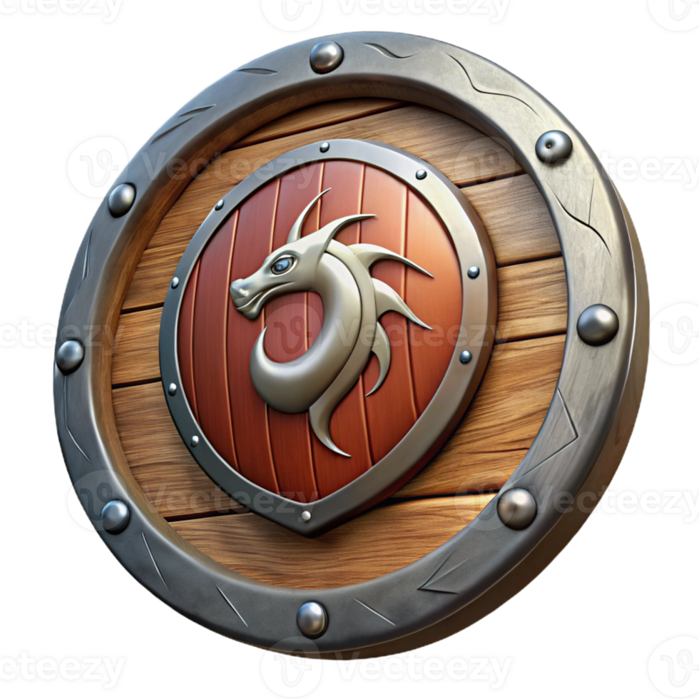 impressive modern A wooden shield, iron rim, painted with a dragon symbol original png