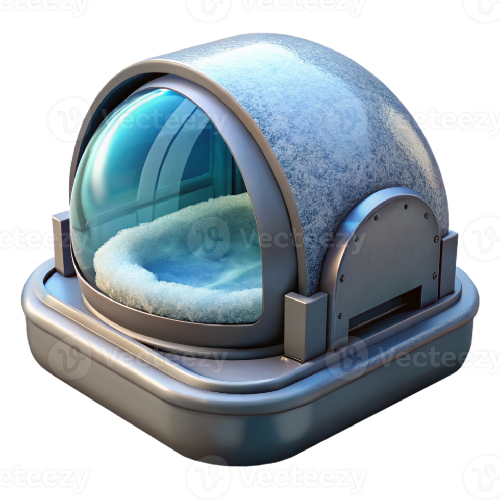 elegant modern Cryogenic sleep pod with frost on the glass 4K png