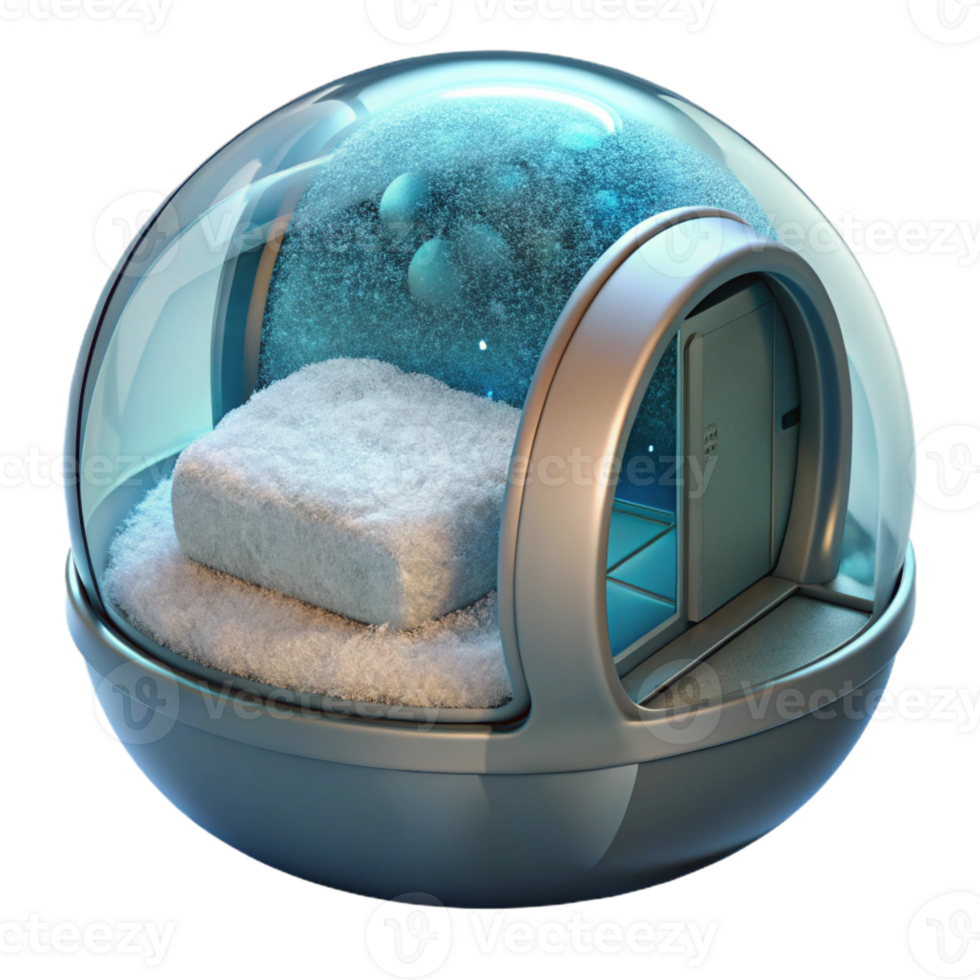 vibrant rustic Cryogenic sleep pod with frost on the glass 4K png