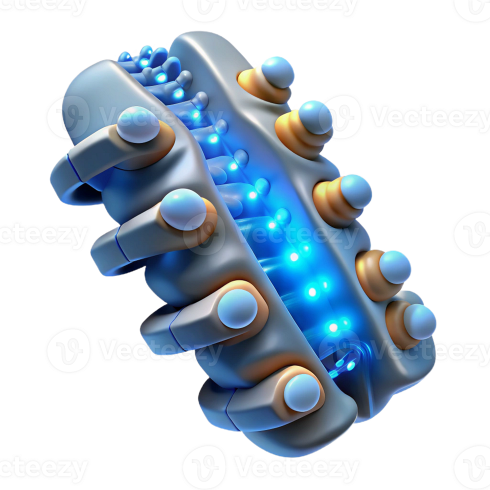 wonderful vintage Cybernetic spinal implant with glowing nodes detailed png