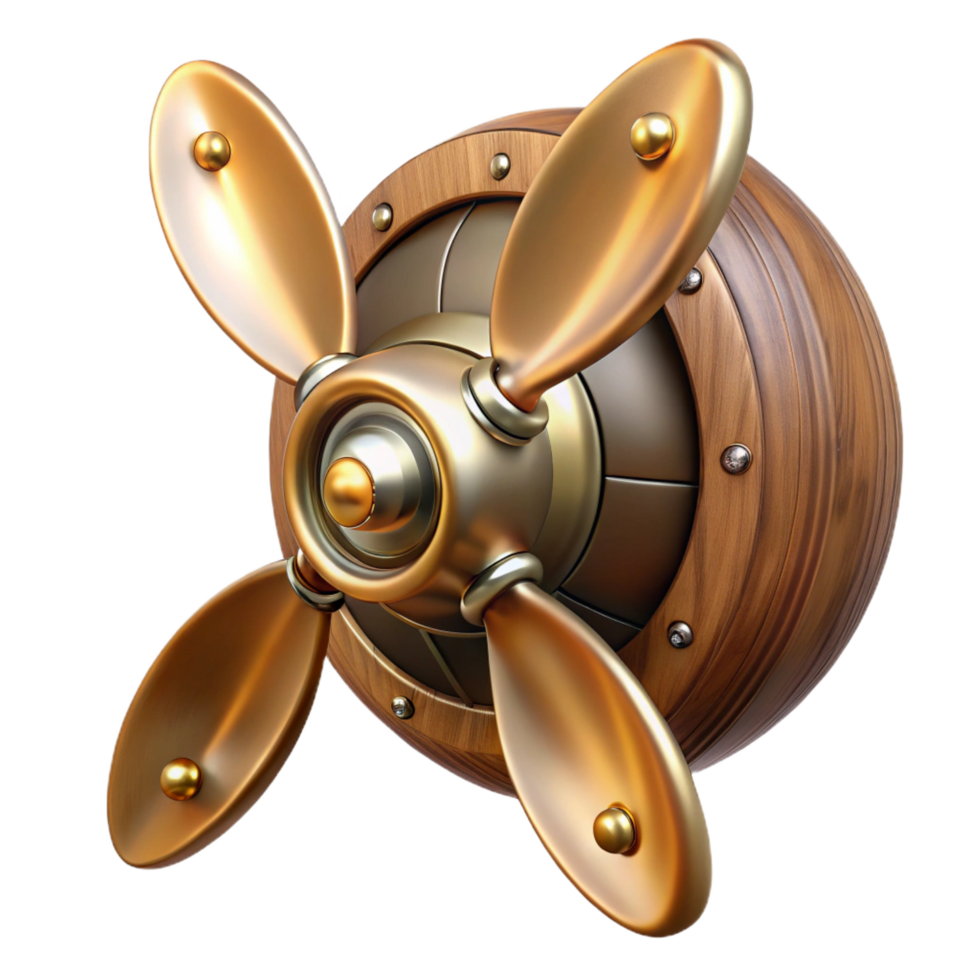 serene modern Steampunk airship propeller made of polished wood and copper original png