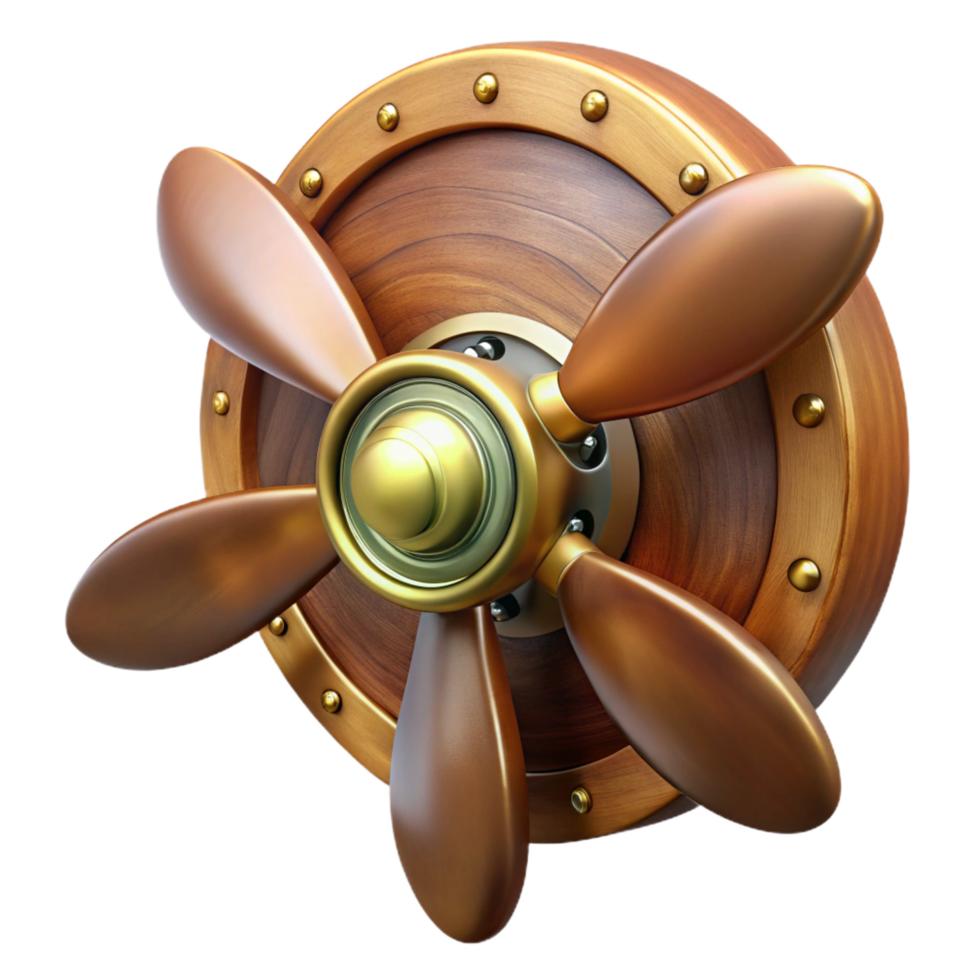 wonderful vintage Steampunk airship propeller made of polished wood and copper 4K png